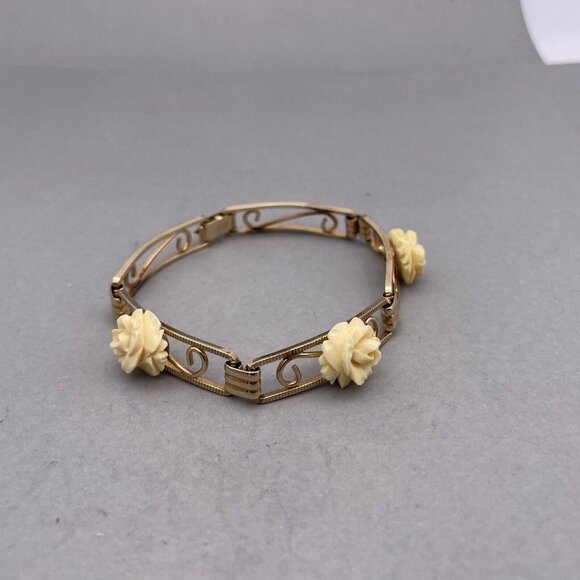 Vintage Amco 14k Gold Filled Celluloid Rose Five Panel Bracelet - Picture 3 of 8